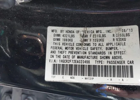 2014 Honda Accord Ex from USA, damaged, VIN 1HGCR2F72EA020496